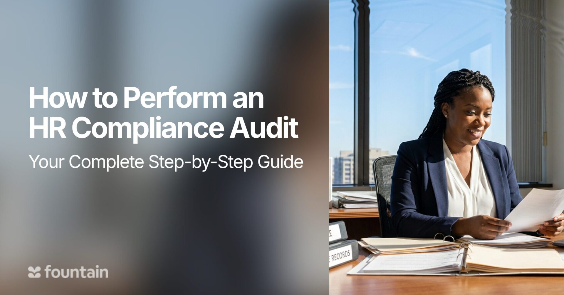 HR compliance audit guide with HR professional reviewing documents