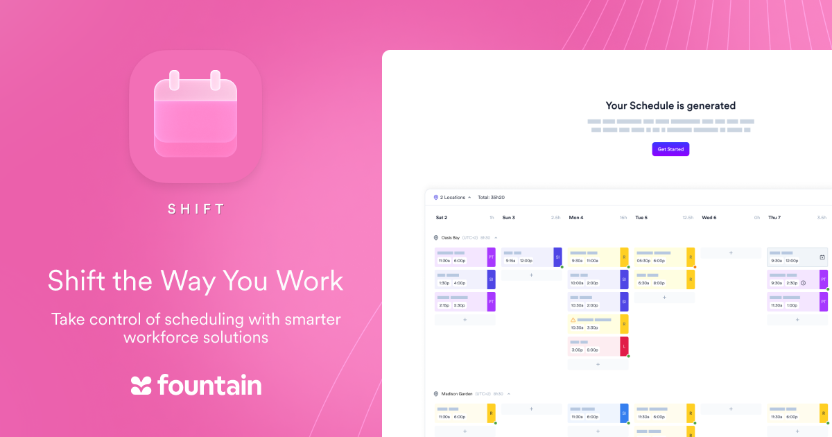 Fountain Shift interface showing smart scheduling dashboard for managing shifts across multiple locations.