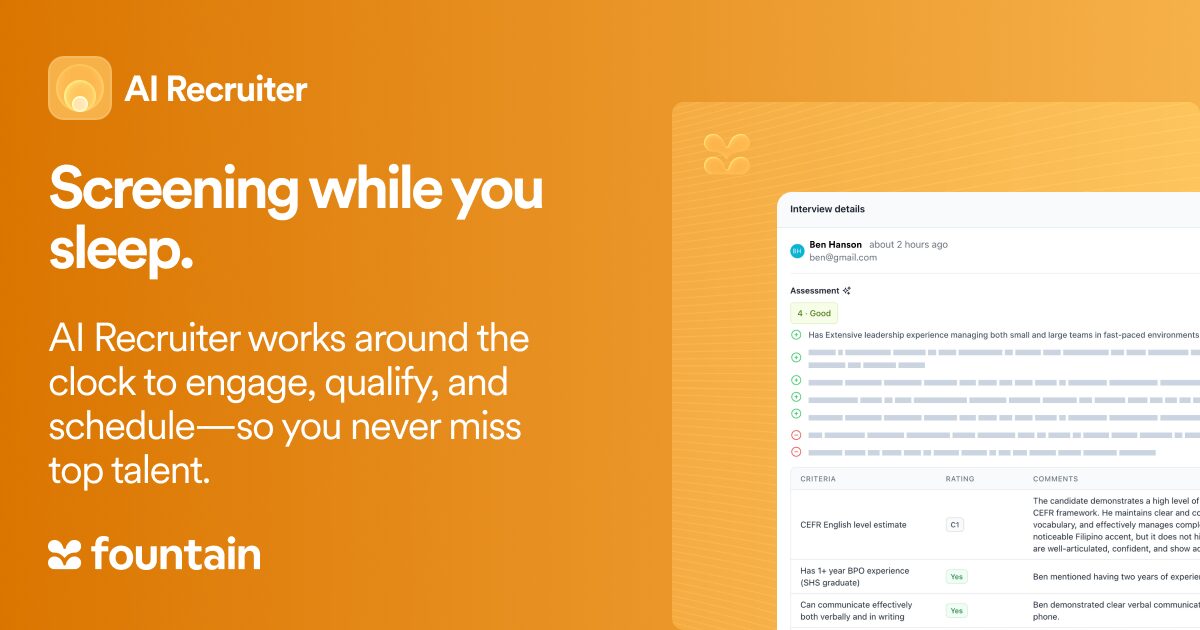 AI Recruiter interface showing automated interview screening and candidate evaluation with headline “Screening while you sleep”