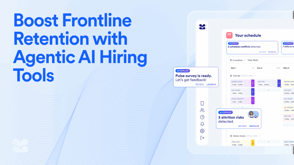 Hero image showing an AI-powered scheduling dashboard with alerts for schedule conflicts, pulse surveys, and attrition risks. Text reads: “Boost Frontline Retention with Agentic AI Hiring Tools.”